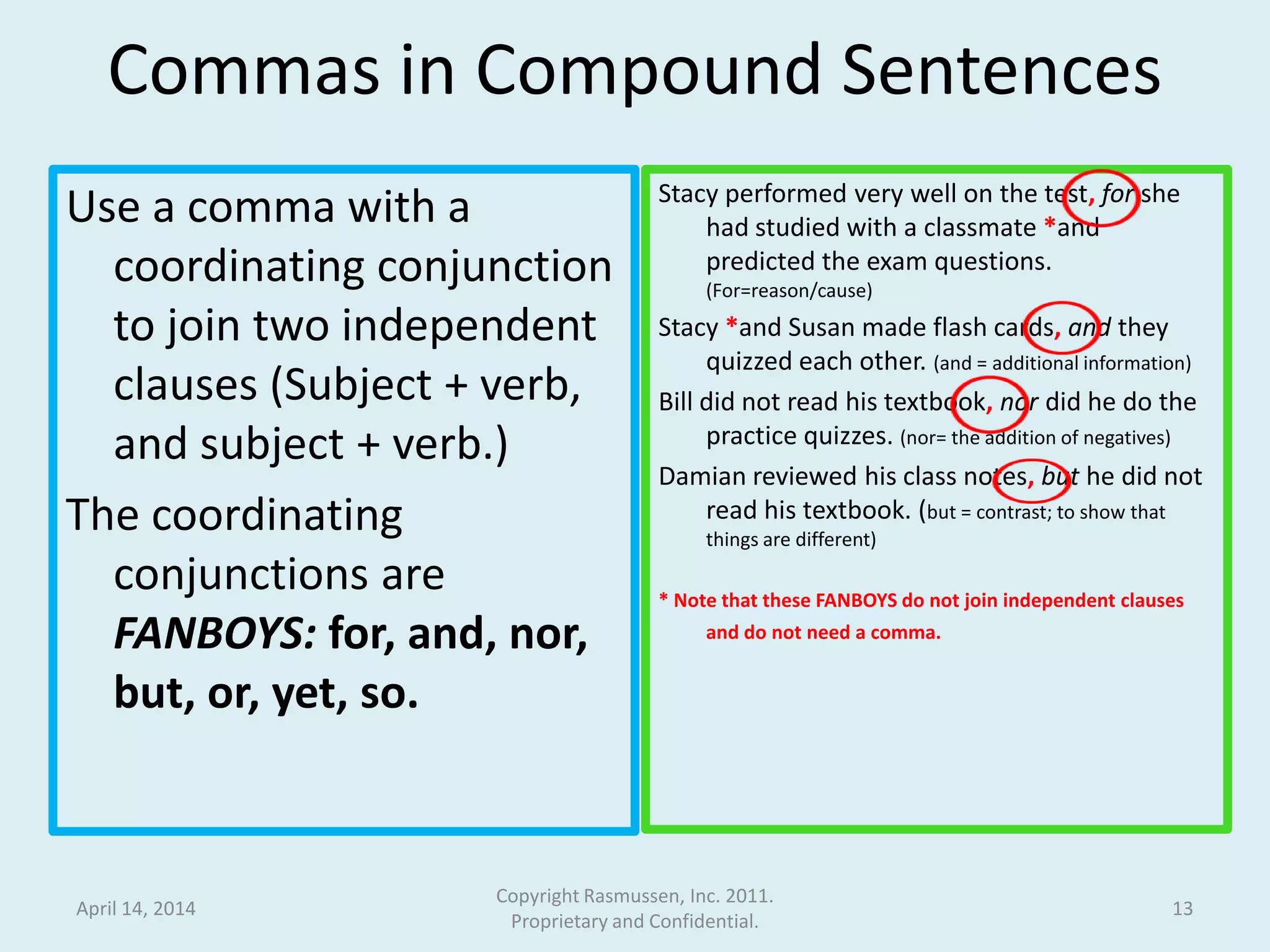 Commas in Compound Sentences
Use a comma with a
coordinating conjunction
to join two independent
clauses (Subject + verb,
and subject + verb.)
The coordinating
conjunctions are
FANBOYS: for, and, nor,
but, or, yet, so.
Stacy performed very well on the test, for she
had studied with a classmate *and
predicted the exam questions.
(For=reason/cause)
Stacy *and Susan made flash cards, and they
quizzed each other. (and = additional information)
Bill did not read his textbook, nor did he do the
practice quizzes. (nor= the addition of negatives)
Damian reviewed his class notes, but he did not
read his textbook. (but = contrast; to show that
things are different)
* Note that these FANBOYS do not join independent clauses
and do not need a comma.
April 14, 2014
Copyright Rasmussen, Inc. 2011.
Proprietary and Confidential.
13
 