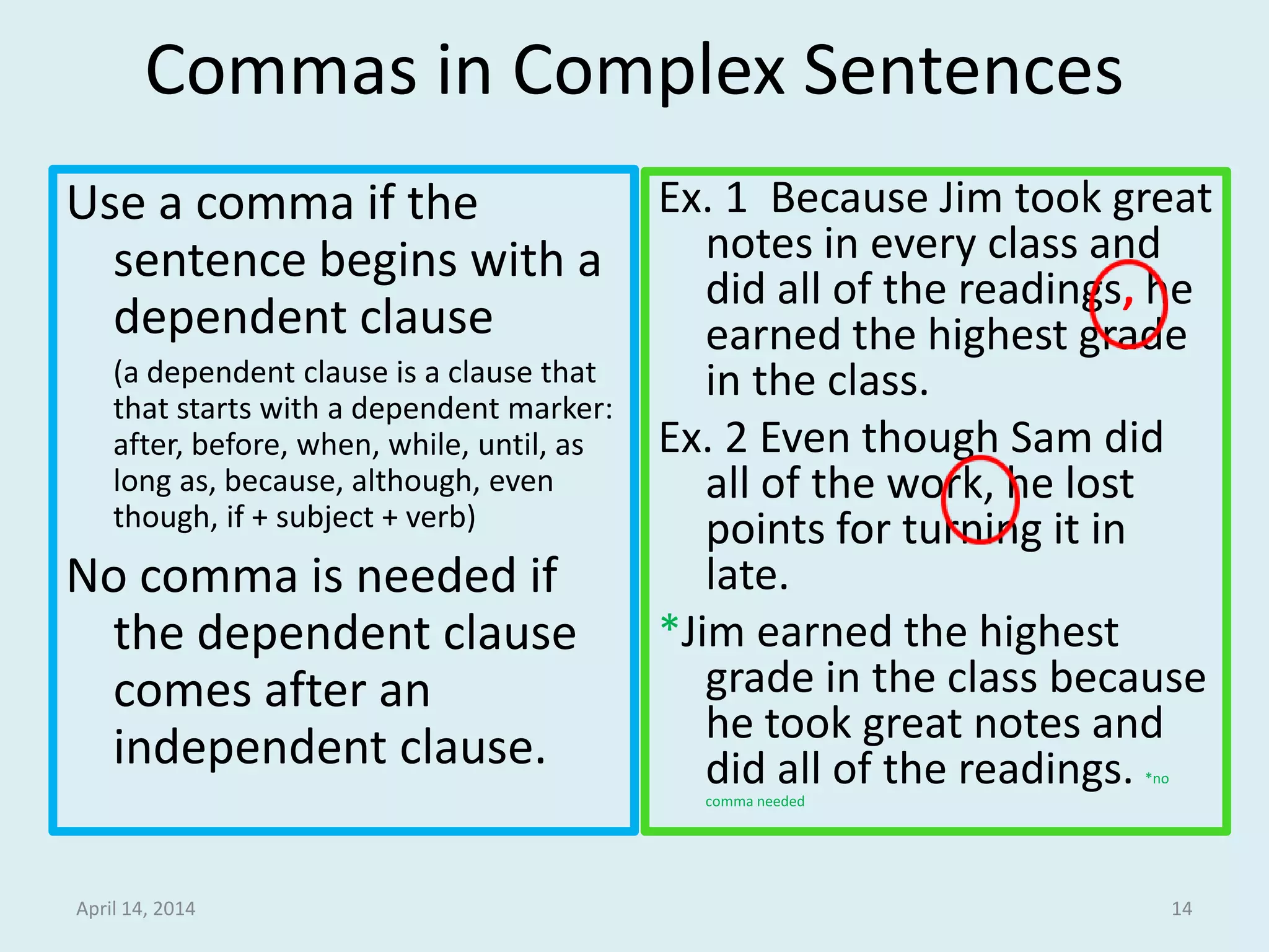 Commas in Complex Sentences
Use a comma if the
sentence begins with a
dependent clause
(a dependent clause is a clause that
that starts with a dependent marker:
after, before, when, while, until, as
long as, because, although, even
though, if + subject + verb)
No comma is needed if
the dependent clause
comes after an
independent clause.
Ex. 1 Because Jim took great
notes in every class and
did all of the readings, he
earned the highest grade
in the class.
Ex. 2 Even though Sam did
all of the work, he lost
points for turning it in
late.
*Jim earned the highest
grade in the class because
he took great notes and
did all of the readings. *no
comma needed
April 14, 2014 14
 