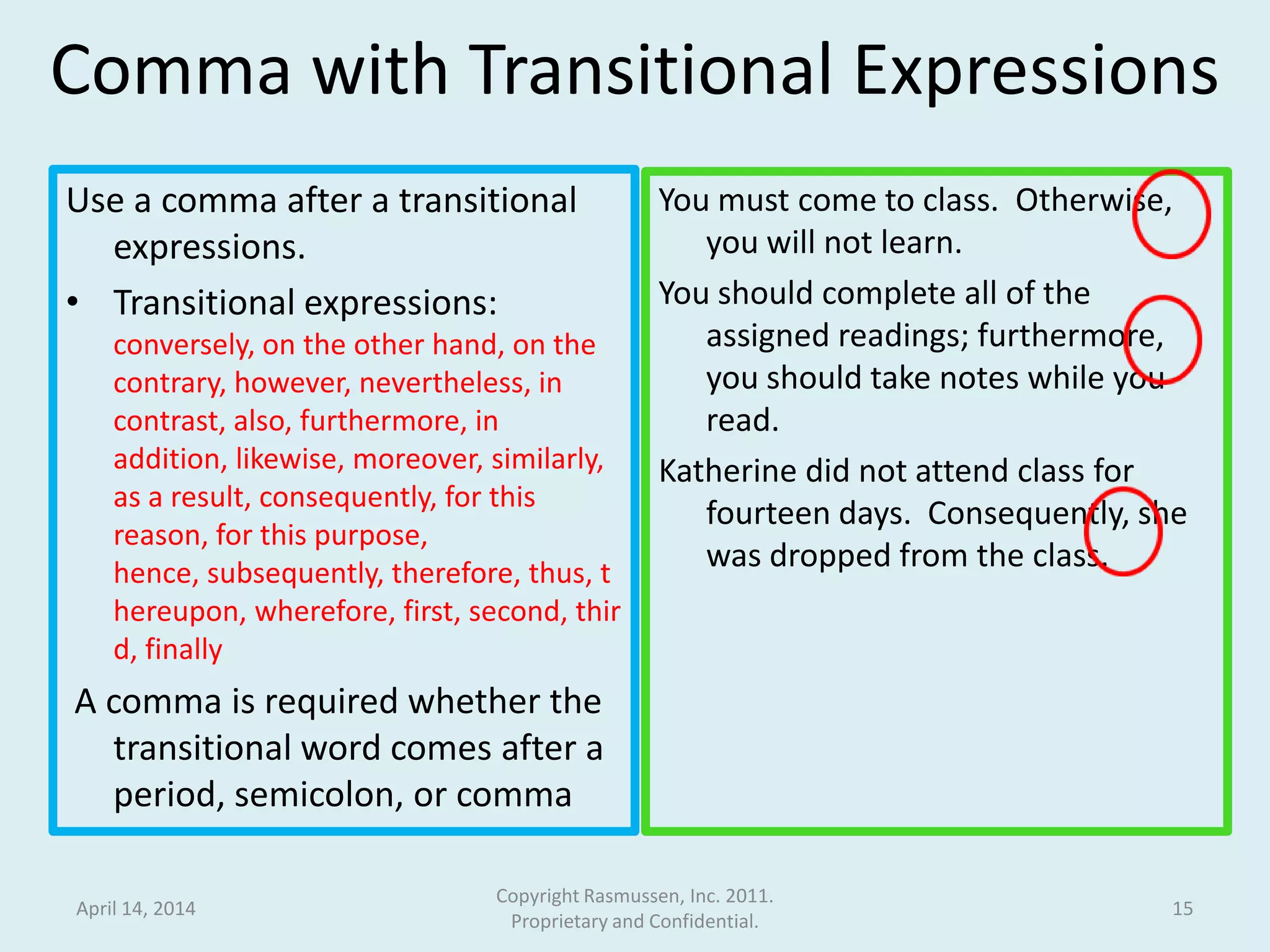Comma with Transitional Expressions
Use a comma after a transitional
expressions.
• Transitional expressions:
conversely, on the other hand, on the
contrary, however, nevertheless, in
contrast, also, furthermore, in
addition, likewise, moreover, similarly,
as a result, consequently, for this
reason, for this purpose,
hence, subsequently, therefore, thus, t
hereupon, wherefore, first, second, thir
d, finally
A comma is required whether the
transitional word comes after a
period, semicolon, or comma
You must come to class. Otherwise,
you will not learn.
You should complete all of the
assigned readings; furthermore,
you should take notes while you
read.
Katherine did not attend class for
fourteen days. Consequently, she
was dropped from the class.
April 14, 2014
Copyright Rasmussen, Inc. 2011.
Proprietary and Confidential.
15
 