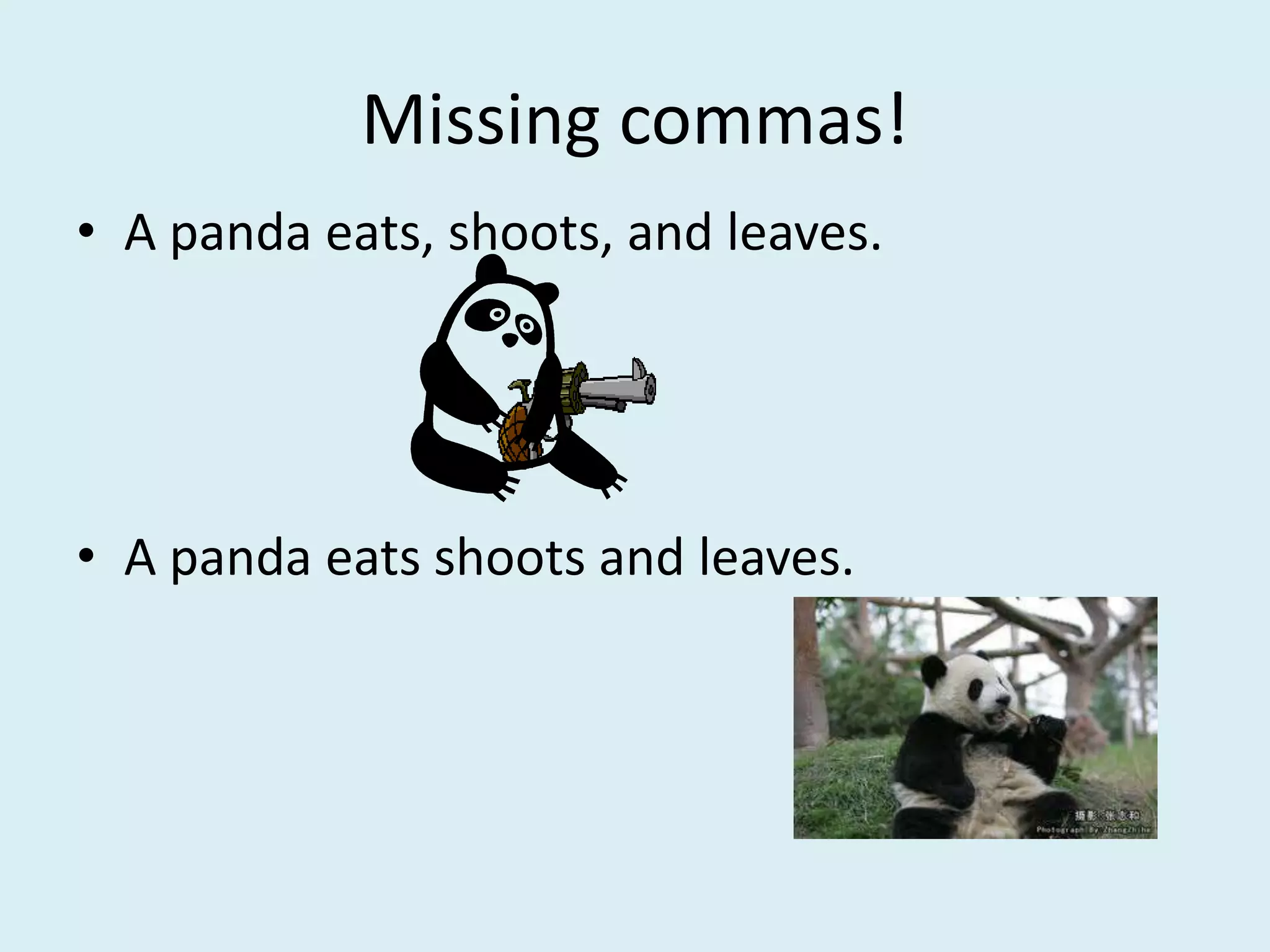 Missing commas!
• A panda eats, shoots, and leaves.
• A panda eats shoots and leaves.
 