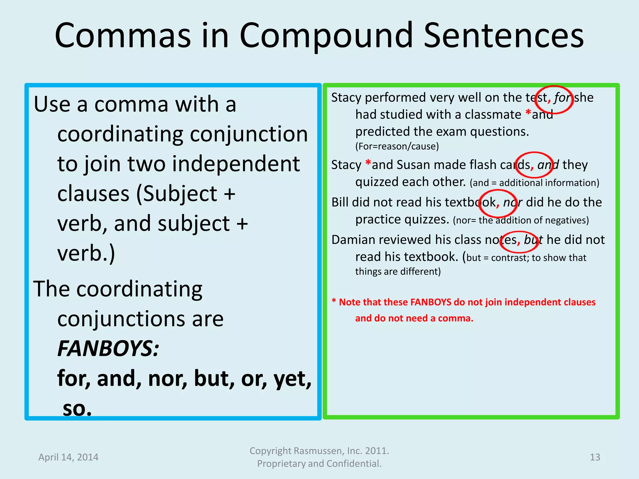 Commas in Compound Sentences
Use a comma with a
coordinating conjunction
to join two independent
clauses (Subject + verb,
and subject + verb.)
The coordinating
conjunctions are
FANBOYS: for, and, nor,
but, or, yet, so.
Stacy performed very well on the test, for she
had studied with a classmate *and
predicted the exam questions.
(For=reason/cause)
Stacy *and Susan made flash cards, and they
quizzed each other. (and = additional information)
Bill did not read his textbook, nor did he do the
practice quizzes. (nor= the addition of negatives)
Damian reviewed his class notes, but he did not
read his textbook. (but = contrast; to show that
things are different)
* Note that these FANBOYS do not join independent clauses
and do not need a comma.
April 15, 2014
Copyright Rasmussen, Inc. 2011.
Proprietary and Confidential.
13
 