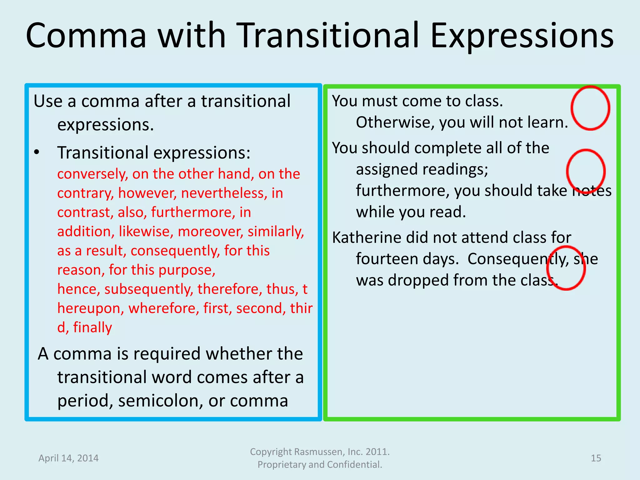 Comma with Transitional Expressions
Use a comma after a transitional
expressions.
• Transitional expressions:
conversely, on the other hand, on the
contrary, however, nevertheless, in
contrast, also, furthermore, in addition,
likewise, moreover, similarly, as a
result, consequently, for this reason,
for this purpose,
hence, subsequently, therefore, thus,
thereupon, wherefore, first, second,
third, finally
A comma is required whether the
transitional word comes after a
period, semicolon, or comma
You must come to class. Otherwise,
you will not learn.
You should complete all of the
assigned readings; furthermore,
you should take notes while you
read.
Katherine did not attend class for
fourteen days. Consequently, she
was dropped from the class.
April 15, 2014
Copyright Rasmussen, Inc. 2011.
Proprietary and Confidential.
15
 