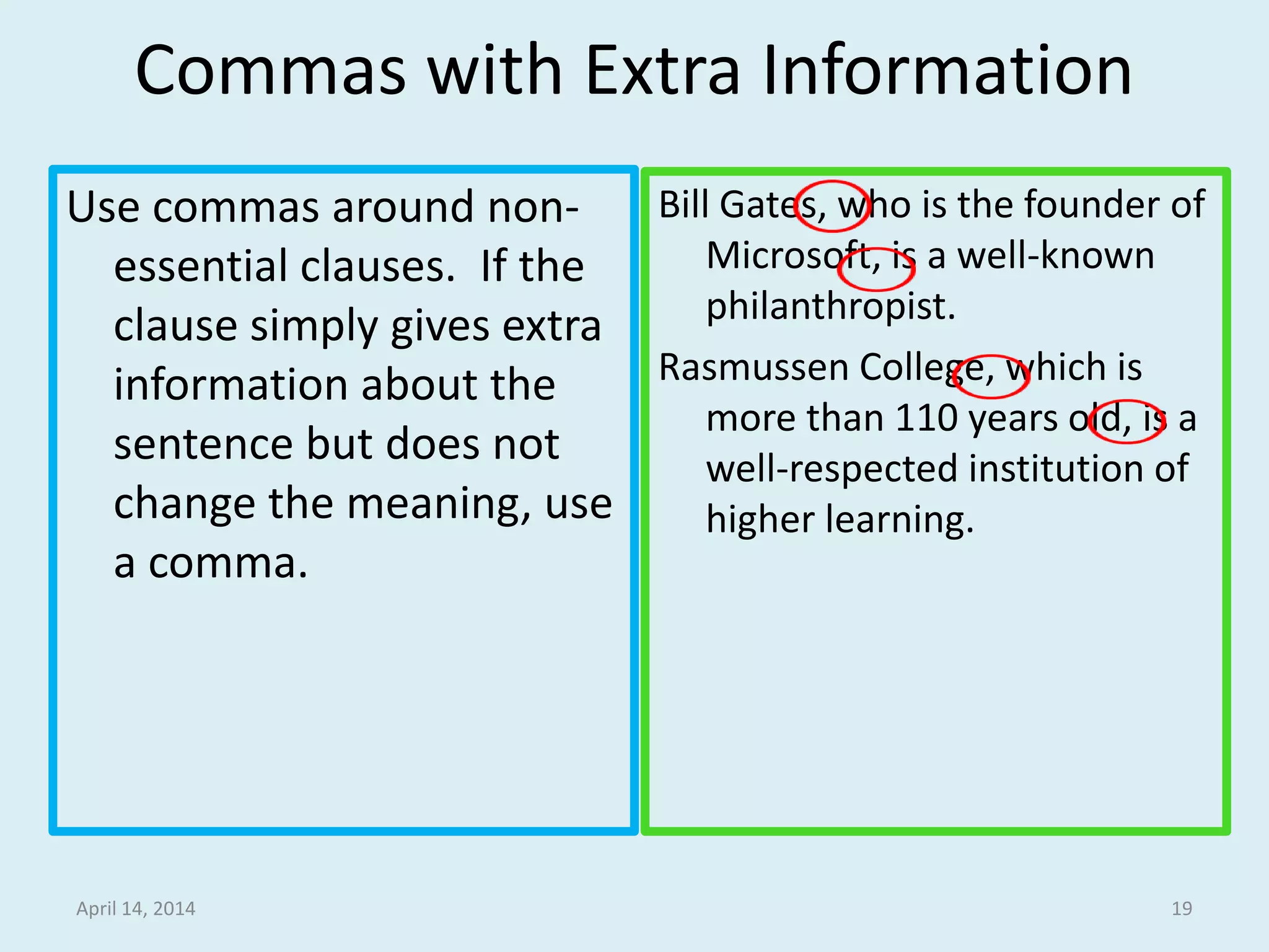 Commas with Extra Information
Use commas around non-
essential clauses. If the
clause simply gives extra
information about the
sentence but does not
change the meaning, use
a comma.
Bill Gates, who is the founder of
Microsoft, is a well-known
philanthropist.
Rasmussen College, which is
more than 110 years old, is a
well-respected institution of
higher learning.
April 15, 2014 19
 