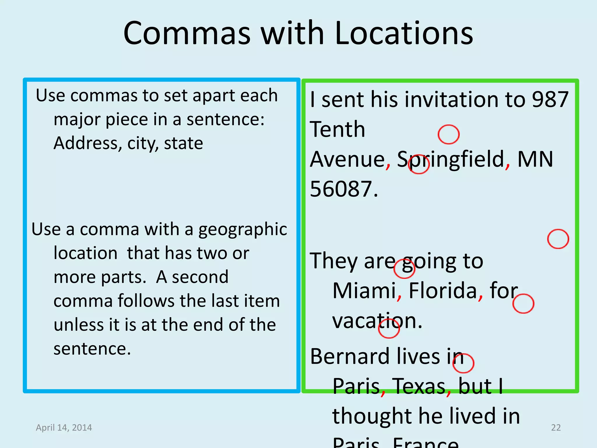 Commas with Locations
Use commas to set apart each
major piece in a sentence:
Address, city, state
Use a comma with a geographic
location that has two or
more parts. A second
comma follows the last item
unless it is at the end of the
sentence.
I sent his invitation to 987
Tenth Avenue,
Springfield, MN 56087.
They are going to Miami,
Florida, for vacation.
Bernard lives in Paris,
Texas, but I thought he
lived in Paris, France.
April 15, 2014 22
 
