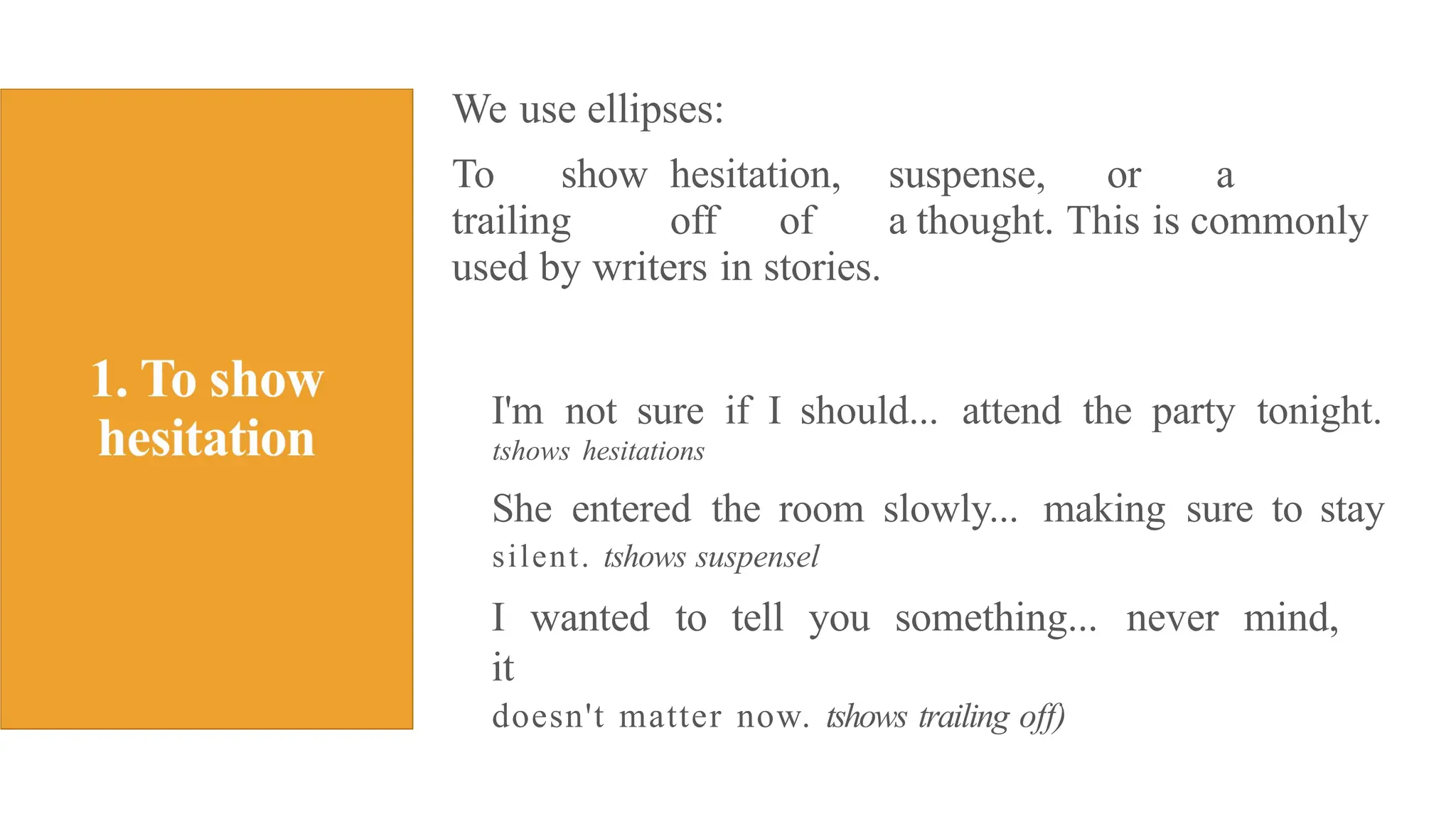 We use ellipses:
To show hesitation, suspense, or a
trailing off of a thought. This is commonly
used by writers in stories.
I'm not sure if I should... attend the party tonight.
tshows hesitations
She entered the room slowly... making sure to stay
silent. tshows suspensel
I wanted to tell you something... never mind,
it
doesn't matter now. tshows trailing off)
 