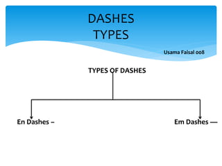 TYPES OF DASHES
En Dashes – Em Dashes —
DASHES
TYPES
Usama Faisal 008
 