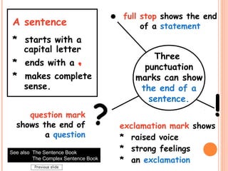 A sentence
* starts with a
capital letter
* ends with a .
* makes complete
sense.
?question mark
shows the end of
a question
See also The Sentence Book
The Complex Sentence Book
full stop shows the end
of a statement
!exclamation mark shows
* raised voice
* strong feelings
* an exclamation
Three
punctuation
marks can show
the end of a
sentence.
Previous slide
 