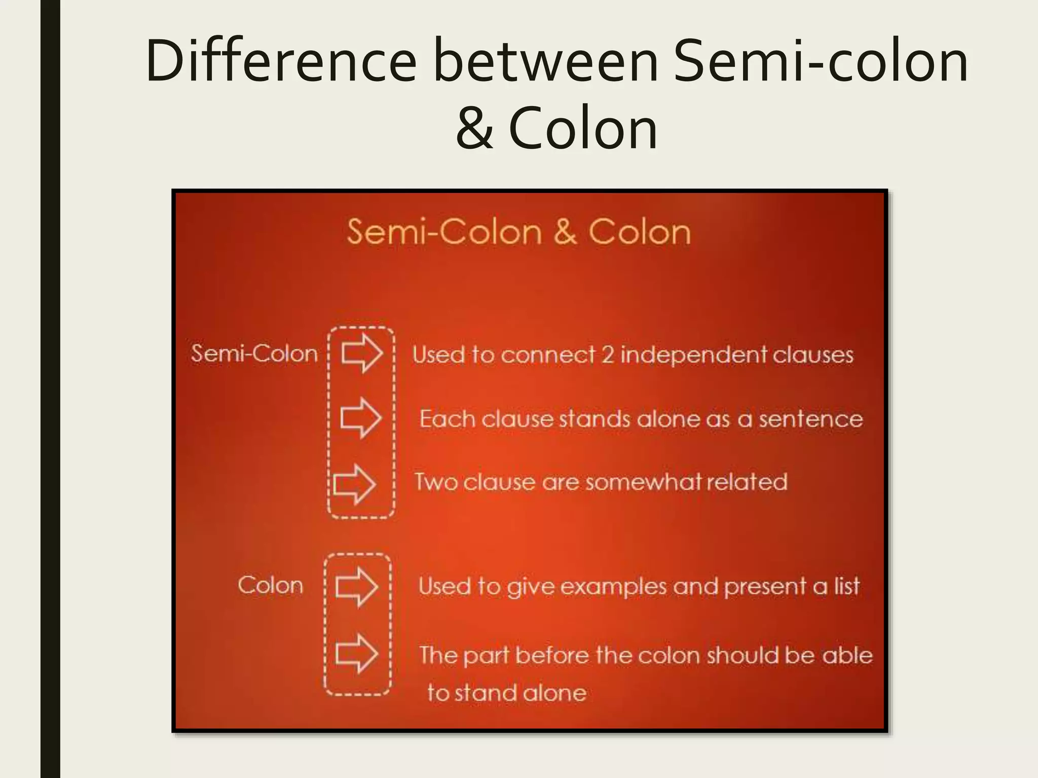Difference between Semi-colon
& Colon
 