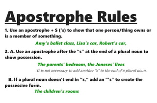 Apostrophe Rules
1. Use an apostrophe + S (‘s) to show that one person/thing owns or
is a member of something.
Amy’s ballet class, Lisa’s car, Robert’s car,
2. A. Use an apostrophe after the “s” at the end of a plural noun to
show possession.
The parents’ bedroom, the Joneses’ lives
It is not necessary to add another “s” to the end of a plural noun.
B. If a plural noun doesn’t end in “s,” add an “‘s” to create the
possessive form.
The children’s rooms
 