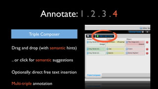 Annotate: 1 . 2 . 3 . 4

          Triple Composer


Drag and drop (with semantic hints)

.. or click for semantic suggest...