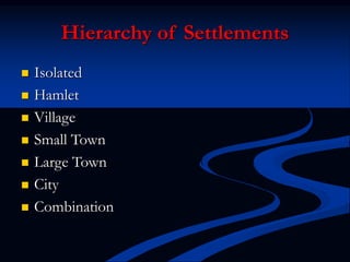 Hierarchy of Settlements
 Isolated
 Hamlet
 Village
 Small Town
 Large Town
 City
 Combination
 