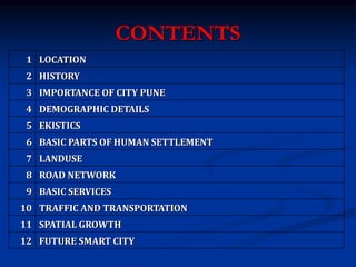 1 LOCATION
2 HISTORY
3 IMPORTANCE OF CITY PUNE
4 DEMOGRAPHIC DETAILS
5 EKISTICS
6 BASIC PARTS OF HUMAN SETTLEMENT
7 LANDUSE
8 ROAD NETWORK
9 BASIC SERVICES
10 TRAFFIC AND TRANSPORTATION
11 SPATIAL GROWTH
12 FUTURE SMART CITY
CONTENTS
 