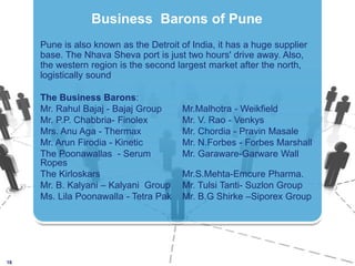 Pune is also known as the Detroit of India, it has a huge supplier base. The NhavaSheva port is just two hours' drive away. Also, the western region is the second largest market after the north, logistically sound The Business Barons: Mr. Rahul Bajaj - Bajaj Group	Mr.Malhotra - WeikfieldMr. P.P. Chabbria- Finolex  	Mr. V. Rao - VenkysMrs. Anu Aga - Thermax  	 	Mr. Chordia - PravinMasaleMr. ArunFirodia - Kinetic  	Mr. N.Forbes - Forbes Marshall The Poonawallas  - Serum	Mr. Garaware-Garware Wall Ropes The KirloskarsMr.S.Mehta-EmcurePharma.Mr. B. Kalyani – Kalyani  Group 	Mr. Tulsi Tanti- Suzlon GroupMs. Lila Poonawalla - Tetra Pak 	Mr. B.G Shirke –Siporex Group 16Business  Barons of Pune