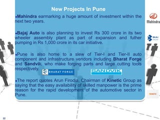 Mahindra earmarking a huge amount of investment within the next two years. Bajaj Auto is also planning to invest Rs 300 crore in its two wheeler assembly plant as part of expansion and futher pumping in Rs 1,000 crore in its car initiative. Pune is also home to a slew of Tier-I and Tier-II auto component and infrastructure vendors including Bharat Forge and Sandvik, who make forging parts and large cutting tools respectively.The report quotes ArunFirodia, Chairman of KineticGroup as saying that the easy availability of skilled manpower is the prime reason for the rapid development of the automotive sector in Pune.22New Projects In Pune