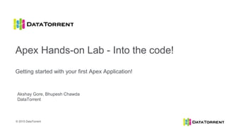 © 2015 DataTorrent
Akshay Gore, Bhupesh Chawda
DataTorrent
Apex Hands-on Lab - Into the code!
Getting started with your first Apex Application!
 