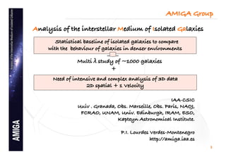 AMIGA Group!

Analysis of the interstellar Medium of Isolated Galaxies!
!
           Statistical baseline of isolated galaxies to compare!
    !
        with the behaviour of galaxies in denser environments!

                    Multi   study of ~1000 galaxies!
                                +!
         Need of intensive and complex analysis of 3D data!
                      2D spatial + 1 Velocity!

                                                           IAA-CSIC!
                    Uuiv . Granada, Obs. Marseille, Obs. Paris, NAOJ, !
                     FCRAO, UNAM, Univ. Edinburgh, IRAM, ESO,!
                                    Kapteyn Astronomical Institute.!
                                                                       !
                                     P.I. Lourdes Verdes-Montenegro!
                                                  http://amiga.iaa.es!
                                                                           3
 
