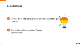 22
Demo Scenario
1 Create an API to retrieve today’s covid cases for a given
country
2 Record the API request in a Google
spreadsheet
 