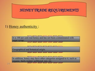 1) Honey authenticity :
HONEY TRADE REQUIREMENTS
It is 100 per cent real honey and has not been contaminated with
sugar sy...