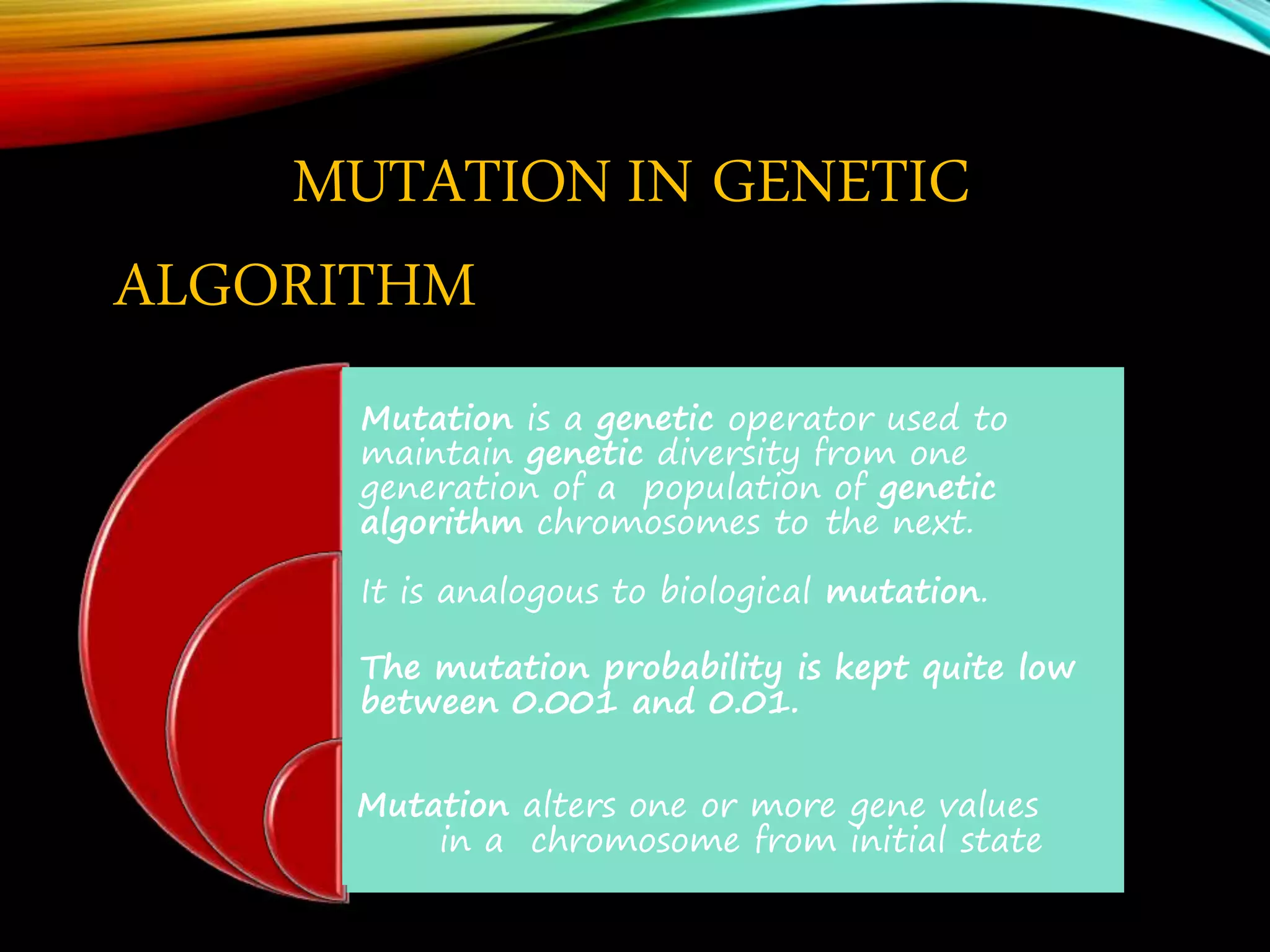 MUTATION IN GENETIC ALGORITHM Mutation is a genetic operator used to maintain genetic diversity from one generation of a population of genetic algorithm chromosomes to the next. It is analogous to biological mutation. The mutation probability is kept quite low between 0.001 and 0.01. Mutation alters one or more gene values in a chromosome from initial state 