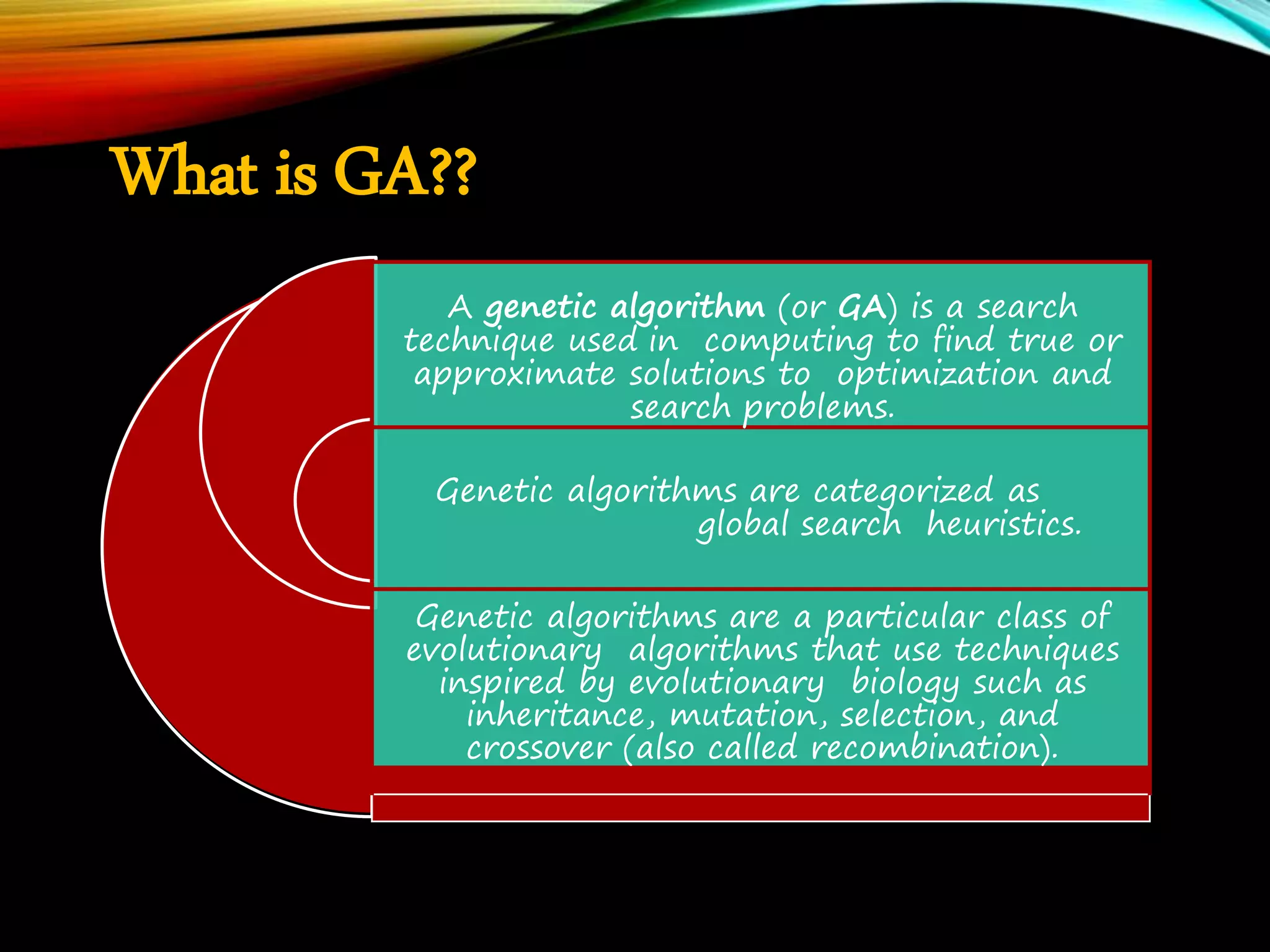 What is GA?? A genetic algorithm (or GA) is a search technique used in computing to find true or approximate solutions to optimization and search problems. Genetic algorithms are categorized as global search heuristics. Genetic algorithms are a particular class of evolutionary algorithms that use techniques inspired by evolutionary biology such as inheritance, mutation, selection, and crossover (also called recombination). 