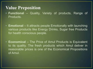 Value Preposition
• Functional – Quality, Variety of products, Range of
Products.
• Emotional – It attracts people Emotionally with launching
various products like Energy Drinks, Sugar free Products
for health conscious people.
• Economical – The Price of Amul Products is Equivalent
to its quality. The fresh products which Amul deliver in
reasonable prices is one of the Economical Propositions
of Amul.
 