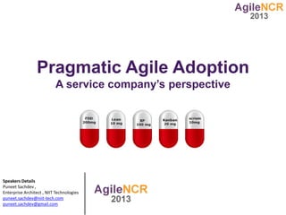 Pragmatic Agile Adoption
                           A service company’s perspective




Speakers Details
Puneet Sachdev ,
Enterprise Architect , NIIT Technologies
puneet.sachdev@niit-tech.com
puneet.sachdev@gmail.com
 
