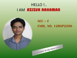 HELLO !..
I AM AZIZUR RAHAMAN

         SEC – F
         ENRL. NO. 12BSP2296
 