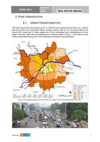 PUNE 2014
Real Estate
Market
Report
Powered by 7
3. PUNE URBANISATION
3.1. URBAN TRANSFORMATION
The urban area of Pune was hardly 5 sq. km. in 1818 and now it stands at about 700 sq. km., with the
total area of the Pune metropolitan region currently covering 1605 sq. Km. Provisional data of the
Census 2011 shows that 5.7 million people live in Pune metropolitan area. Industrialization in Pune
began in the early 1960’s with the establishment of industrial estates in Pimpri – Chinchwad and was
further boosted with the arrival of IT and multinational companies in the last decade.
Figure: Chronological Development of Pune 1820 -2011, Source: Town Planning Department, Pune- 2011
 