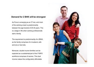 Demand for 2 BHK will be strongest
As Pune is emerging as an IT hub, and most
of the working crowd is predominantly
between the age bracket of 25-35 years. This
is a stage in life when working professionals
start a family.start a family.
The requirement is predominantly of a 2BHK,
as the family comprises of a husband, wife
and one or two kids.
Moreover, double income families can be
expected as a substantial part of the IT-BPO
workforce comprises of women. This dual
income makes this configuration affordable.
 