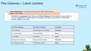 Flex Gateway – Latest Updates
• MuleSoft has rebranded Flex Gateway to Omni Gateway and broadened its scope from a
pure API gateway to a unified agent control-plane and governance layer for APIs, MCP
servers, agents, and LLMs.
Omni Gateway the evolved control plane for APIs, MCP servers,
agents, and LLMs
Old (Flex Gateway) New (Omni Gateway) Changed?
Flex Gateway Self-Managed Omni Gateway Renamed
Connected Mode Connected Mode Same
Local Mode Local Mode Same
Managed Flex Gateway Managed Omni Gateway Renamed
API Manager policies API Manager policies Same
 