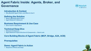 Agent Fabric Inside: Agents, Broker, and
Governance
Introduction & Context
➢ Why MuleSoft Agent Fabric and When to Use It
Defining the Solution
➢ What is MuleSoft Agent Fabric
➢ Agent Network Framework
Business Requirement & Use Case
➢ Zero-Touch IT Operations
Technical Deep Dive
➢ Network Architecture
➢ Agent Network Project Structure & Components — Quick Look
Core Building Blocks of Agent Fabric (MCP, Bridge, A2A, ACB)
Prerequisites
Demo: Agent Fabric in Action
➢ Sequence of flows and steps
 