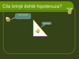 Cila brinjë është hipotenuza?
hipotenuza
?
Kliko mbi brinjë
 