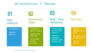 4
IoT Architecture: 4 - Modules
Lucy Tech – Avoiding a new blind every minute
+IoT sensors
+Medical
devices
+Smartphone
App for citizens
+Mobile public
networks
+Municipality
private
networks.
+ Process data
received from
sensors.
+ Alarms to
managers,
citizens, police,
fireman, etc .
+ Biggest
database ever
build
+ Research using
standard tools
+ Forensic
analysis.
Data
collection
Communica
-tions
Real - Time
monitoring
Big Data
01 02 03 04
 