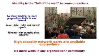 Mobility is the “fall of the wall” in communications
No more borders, no more
geographical limits in your
network
Voice, data, video and control
signals.
Wireless high capacity data
networks
No more walls in any organization/ community
High capacity network ports are available
everywhere
 
