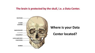The brain is protected by the skull, i.e. a Data Center.
Where is your Data
Center located?
 