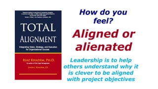 How do you
feel?
Aligned or
alienated
Leadership is to help
others understand why it
is clever to be aligned
with project objectives
 