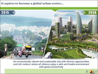 It aspires to become a global urban centre…
2015
An economically vibrant and sustainable city with diverse opportunities
and rich culture; where all citizens enjoy a safe and livable environment
with good connectivity
2030
 