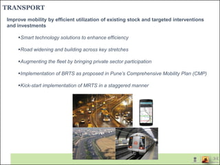 TRANSPORT
Improve mobility by efficient utilization of existing stock and targeted interventions
and investments
Smart technology solutions to enhance efficiency
Road widening and building across key stretches
Augmenting the fleet by bringing private sector participation
Implementation of BRTS as proposed in Pune’s Comprehensive Mobility Plan (CMP)
Kick-start implementation of MRTS in a staggered manner
 