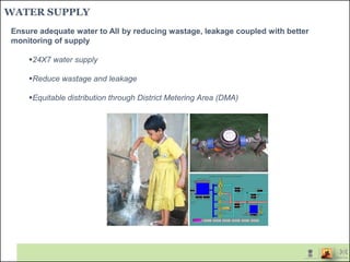 WATER SUPPLY
Ensure adequate water to All by reducing wastage, leakage coupled with better
monitoring of supply
24X7 water supply
Reduce wastage and leakage
Equitable distribution through District Metering Area (DMA)
 