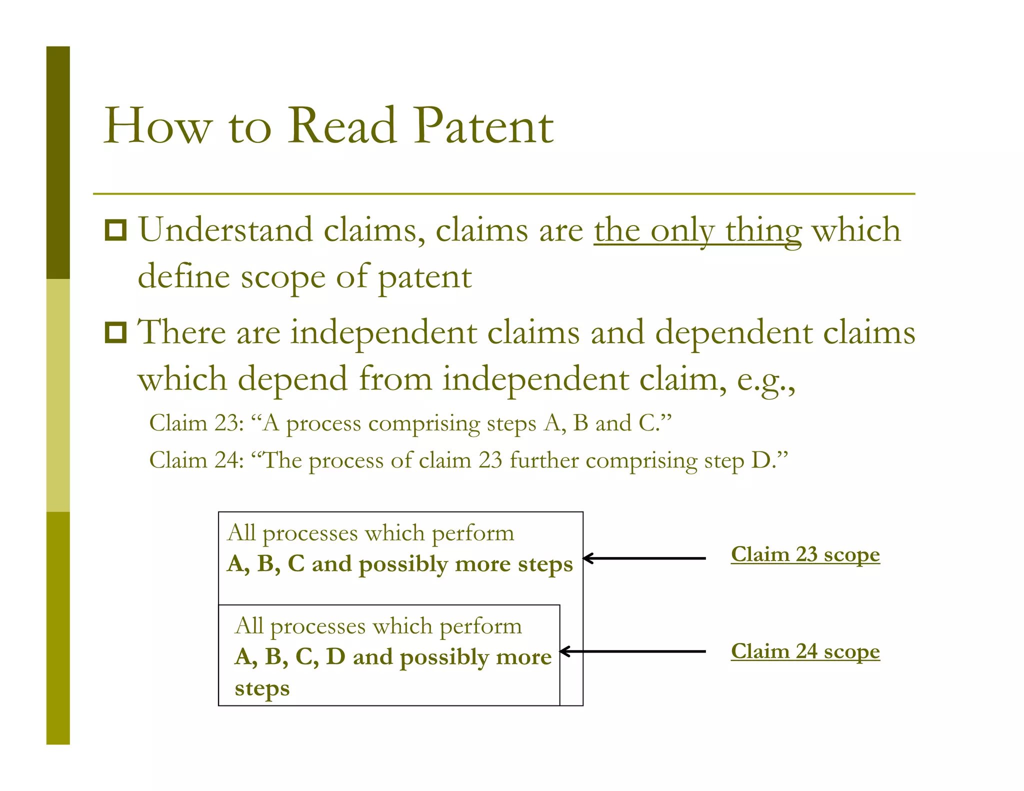 How to Read Patent
 Understand claims, claims are the only thing which
 define scope of patent
 There are independent claims and dependent claims
 which depend from independent claim, e.g.,
 Claim 23: “A process comprising steps A, B and C.”
 Claim 24: “The process of claim 23 further comprising step D.”

        All processes which perform
        A, B, C and possibly more steps                  Claim 23 scope


         All processes which perform
         A, B, C, D and possibly more                    Claim 24 scope
         steps
 
