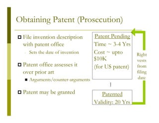 Obtaining Patent (Prosecution)
 File invention description         Patent Pending
 with patent office                 Time ~ 3-4 Yrs
  -   Sets the date of invention    Cost ~ upto        Right
                                    $10K               vests
 Patent office assesses it          (for US patent)    from
 over prior art                                        filing
      Arguments/counter-arguments                       date




                                        …
 Patent may be granted                 Patented
                                    Validity: 20 Yrs
 