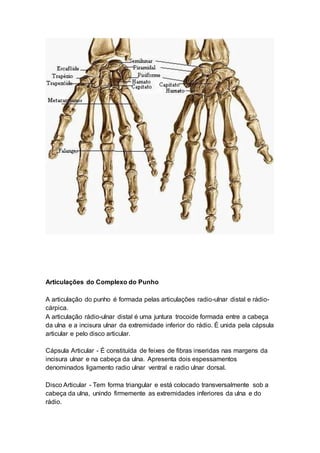 Articulações do Complexo do Punho 
A articulação do punho é formada pelas articulações radio-ulnar distal e rádio-cárpica. 
A articulação rádio-ulnar distal é uma juntura trocoide formada entre a cabeça 
da ulna e a incisura ulnar da extremidade inferior do rádio. É unida pela cápsula 
articular e pelo disco articular. 
Cápsula Articular - É constituída de feixes de fibras inseridas nas margens da 
incisura ulnar e na cabeça da ulna. Apresenta dois espessamentos 
denominados ligamento radio ulnar ventral e radio ulnar dorsal. 
Disco Articular - Tem forma triangular e está colocado transversalmente sob a 
cabeça da ulna, unindo firmemente as extremidades inferiores da ulna e do 
rádio. 
 