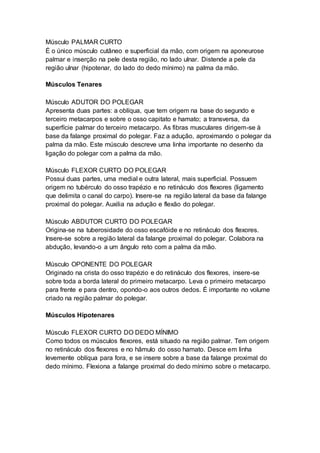 Músculo PALMAR CURTO 
É o único músculo cutâneo e superficial da mão, com origem na aponeurose 
palmar e inserção na pele desta região, no lado ulnar. Distende a pele da 
região ulnar (hipotenar, do lado do dedo mínimo) na palma da mão. 
Músculos Tenares 
Músculo ADUTOR DO POLEGAR 
Apresenta duas partes: a oblíqua, que tem origem na base do segundo e 
terceiro metacarpos e sobre o osso capitato e hamato; a transversa, da 
superfície palmar do terceiro metacarpo. As fibras musculares dirigem-se à 
base da falange proximal do polegar. Faz a adução, aproximando o polegar da 
palma da mão. Este músculo descreve uma linha importante no desenho da 
ligação do polegar com a palma da mão. 
Músculo FLEXOR CURTO DO POLEGAR 
Possui duas partes, uma medial e outra lateral, mais superficial. Possuem 
origem no tubérculo do osso trapézio e no retináculo dos flexores (ligamento 
que delimita o canal do carpo). Insere-se na região lateral da base da falange 
proximal do polegar. Auxilia na adução e flexão do polegar. 
Músculo ABDUTOR CURTO DO POLEGAR 
Origina-se na tuberosidade do osso escafóide e no retináculo dos flexores. 
Insere-se sobre a região lateral da falange proximal do polegar. Colabora na 
abdução, levando-o a um ângulo reto com a palma da mão. 
Músculo OPONENTE DO POLEGAR 
Originado na crista do osso trapézio e do retináculo dos flexores, insere-se 
sobre toda a borda lateral do primeiro metacarpo. Leva o primeiro metacarpo 
para frente e para dentro, opondo-o aos outros dedos. É importante no volume 
criado na região palmar do polegar. 
Músculos Hipotenares 
Músculo FLEXOR CURTO DO DEDO MÍNIMO 
Como todos os músculos flexores, está situado na região palmar. Tem origem 
no retináculo dos flexores e no hâmulo do osso hamato. Desce em linha 
levemente oblíqua para fora, e se insere sobre a base da falange proximal do 
dedo mínimo. Flexiona a falange proximal do dedo mínimo sobre o metacarpo. 
 