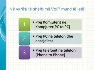 N? var?si t? sh?rbimit VoIP mund t? jet? :


            ? Prej Komjuterit n?
       1      Kompjuter(PC to PC)

            ? Prej PC n? telefon dhe
       2      anasjelltas

            ? Prej telefonit n? telefon
       3      (Phone to Phone)
 