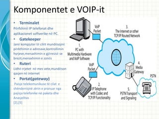 Komponentet e VOIP-it
? Terminalet
P?rfshin? IP telefonat dhe
aplikacionet softverike n? PC.
? Gatekeeper
Jan? kompjuter t? cil?t mund?sojn?
p?rkthimin e adresave,kontrollimin
hyrjeve,menaxhimin e gj?resis? se
brezit,menaxhimin e zon?s
? Ruteri
Lidh? rrjetet n? mes vete,mund?son
qasjen n? internet
? Portat(gateway)
 Paisje telekomunikuse t? cilat e
sh?nderrojn? z?rin e pranuar nga
pajisja telefonike n? paketa dhe
Anasjelltas
[2],[5]
 