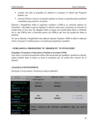 Fatlum Hashani                                                                 Punim Seminarik


        projekti nuk eshte ne perputhje me objektivat e strategjive te sektorit apo Programit
        perkates, ose
       vleresimi fillestar i kostove te projektit tejkalon ne menyre te pajustikueshme perfitimet
        e mundshme nga realizimi i investimit.
Sekretari i Pergjithshem duhet te regjistroje vendimin e GSBI-se ne seksionin perkates ne
Formularin 1 dhe duhet te japi nje shpjegim te shkurter rreth arsyes se pranimit ose refuzimit te
projekt-idese ne kete faze. Ky shpjegim duhet te tregoje nese projekt-ideja duhet te rishikohet
ose jo nga EMP-ja dhe te dorezohet perseri tek GSBI-ja apo nese kjo projekt-ide duhet te
braktiset.
Ne rast se Sekretari i Pergjithshem nuk udhezon ndryshe, Drejtuesi i EMP-se duhet te udhezoje
stafin e tij/saj per te vazhduar punen e nevojshme per pergatitjen e projektit.


– PERGADITJA- PROPOZIMIT TE PROJEKTIT TE INVESTIMIT

Pergatitja e Formularit te Propozimit te Projektit te Investimit (FPPI)
Nese ideja e investimit konsiderohet efektive dhe ekonomike per zgjidhjen e problemeve aktuale,
atehere projekti duhet te kaloje ne fazen se metejshme per nje analize dhe vleresim me te
detajuar.


ANALIZA E INVESTIMEVE
Ekzistojne 3 nivele analize/ vleresimi qe mund te aplikohen:


Tipi i Analizes      /        Sektori i             Sektoret e Tjere       Formularet e kerkuar
Vleresimit Sektori         Infrastruktures
 Analiza/Vleresimi             Deri ne                  Deri ne                     F-2
Baze                         100.000 €                 50.000 €                    (FPPI)
(Kategoria I - e
projekteve)
 Analiza / Vleresimi
                               Mbi                       Mbi                   F - 2 (FPPI)
   Mesem
(Kategoria II - e            100.000 €                 50.000 €                F - 3 (FAKP)
projekteve)
 Analiza/Vleresim
                    Niveli i kerkesave dhe vleresimit specifikohen sipas çdo rasti te
       Plote
(Kategoria III    e veçante
projekteve)

                                                                                               10
 