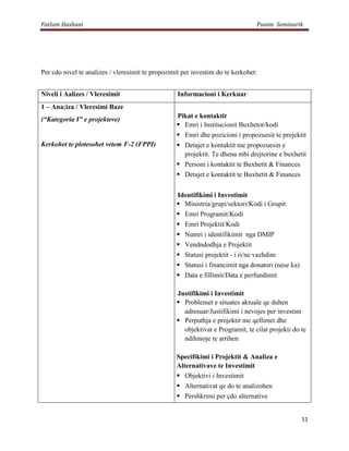 Fatlum Hashani                                                                  Punim Seminarik




Per cdo nivel te analizes / vleresimit te propozimit per investim do te kerkohet:


Niveli i Aalizes / Vleresimit                      Informacioni i Kerkuar
1 – Ana;iza / Vleresimi Baze
                                                  Pikat e kontaktit
(“Kategoria I” e projekteve)
                                                   Emri i Institucionit Buxhetor/kodi
                                                   Emri dhe pozicioni i propozuesit te projektit
Kerkohet te plotesohet vetem F-2 (FPPI)            Detajet e kontaktit me propozuesin e
                                                    projektit. Te dhena mbi drejtorine e buxhetit
                                                   Personi i kontaktit te Buxhetit & Finances
                                                   Detajet e kontaktit te Buxhetit & Finances


                                                  Identifikimi i Investimit
                                                   Ministria/grupi/sektori/Kodi i Grupit
                                                   Emri Programit/Kodi
                                                   Emri Projektit/Kodi
                                                   Numri i identifikimit nga DMIP
                                                   Vendndodhja e Projektit
                                                   Statusi projektit - i ri/ne vazhdim
                                                   Statusi i financimit nga donatori (nese ka)
                                                   Data e fillimit/Data e perfundimit

                                                  Justifikimi i Investimit
                                                   Problemet e situates aktuale qe duhen
                                                    adresuar/Justifikimi i nevojes per investim
                                                   Perputhja e projektit me qellimet dhe
                                                    objektivat e Programit, te cilat projekti do te
                                                    ndihmoje te arrihen

                                                  Specifikimi i Projektit & Analiza e
                                                  Alternativave te Investimit
                                                   Objektivi i Investimit
                                                   Alternativat qe do te analizohen
                                                   Pershkrimi per çdo alternative


                                                                                                  11
 