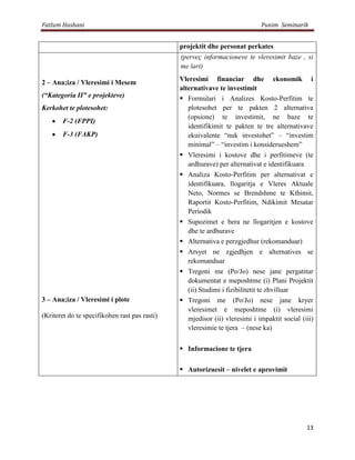 Fatlum Hashani                                                               Punim Seminarik


                                               projektit dhe personat perkates
                                               (perveç informacioneve te vleresimit baze , si
                                               me lart)
                                               Vleresimi financiar dhe ekonomik i
2 – Ana;iza / Vleresimi i Mesem
                                               alternativave te investimit
(“Kategoria II” e projekteve)                   Formulari i Analizes Kosto-Perfitim te
Kerkohet te plotesohet:                           plotesohet per te pakten 2 alternativa
                                                  (opsione) te investimit, ne baze te
       F-2 (FPPI)
                                                  identifikimit te pakten te tre alternativave
       F-3 (FAKP)                                 ekuivalente “nuk investohet” – “investim
                                                  minimal” – “investim i konsiderueshem”
                                                Vleresimi i kostove dhe i perfitimeve (te
                                                  ardhurave) per alternativat e identifikuara
                                                Analiza Kosto-Perfitim per alternativat e
                                                  identifikuara, llogaritja e Vleres Aktuale
                                                  Neto, Normes se Brendshme te Kthimit,
                                                  Raportit Kosto-Perfitim, Ndikimit Mesatar
                                                  Periodik
                                                Supozimet e bera ne llogaritjen e kostove
                                                  dhe te ardhurave
                                                Alternativa e perzgjedhur (rekomanduar)
                                                Arsyet ne zgjedhjen e alternatives se
                                                  rekomanduar
                                                Tregoni me (Po/Jo) nese jane pergatitur
                                                  dokumentat e meposhtme (i) Plani Projektit
                                                  (ii) Studimi i fizibilitetit te zhvilluar
3 – Ana;iza / Vleresimi i plote                 Tregoni me (Po/Jo) nese jane kryer
                                                  vleresimet e meposhtme (i) vleresimi
(Kriteret do te specifikohen rast pas rasti)      mjedisor (ii) vleresimi i impaktit social (iii)
                                                  vleresimie te tjera – (nese ka)


                                                Informacione te tjera

                                                Autorizuesit – nivelet e aprovimit




                                                                                              13
 