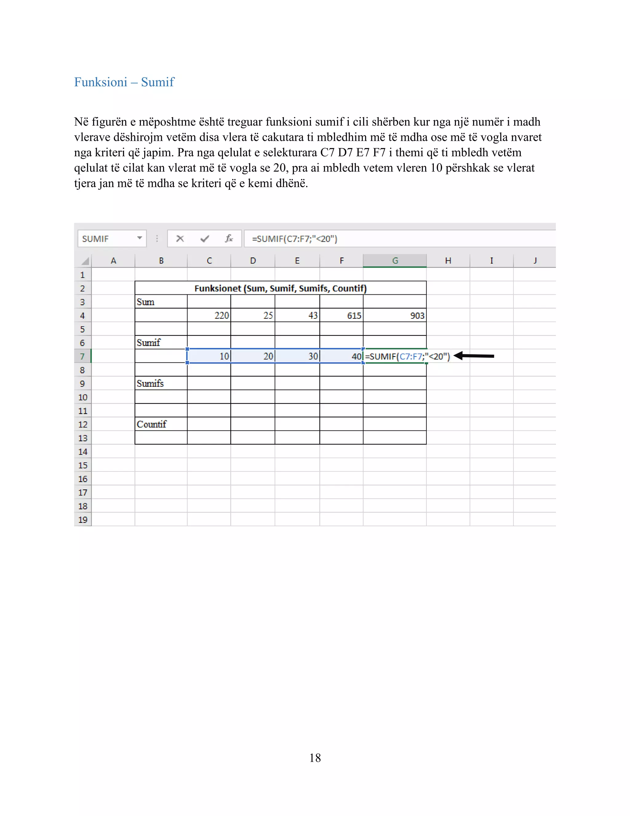 18
Funksioni – Sumif
Në figurën e mëposhtme është treguar funksioni sumif i cili shërben kur nga një numër i madh
vlerave dëshirojm vetëm disa vlera të cakutara ti mbledhim më të mdha ose më të vogla nvaret
nga kriteri që japim. Pra nga qelulat e selekturara C7 D7 E7 F7 i themi që ti mbledh vetëm
qelulat të cilat kan vlerat më të vogla se 20, pra ai mbledh vetem vleren 10 përshkak se vlerat
tjera jan më të mdha se kriteri që e kemi dhënë.
 