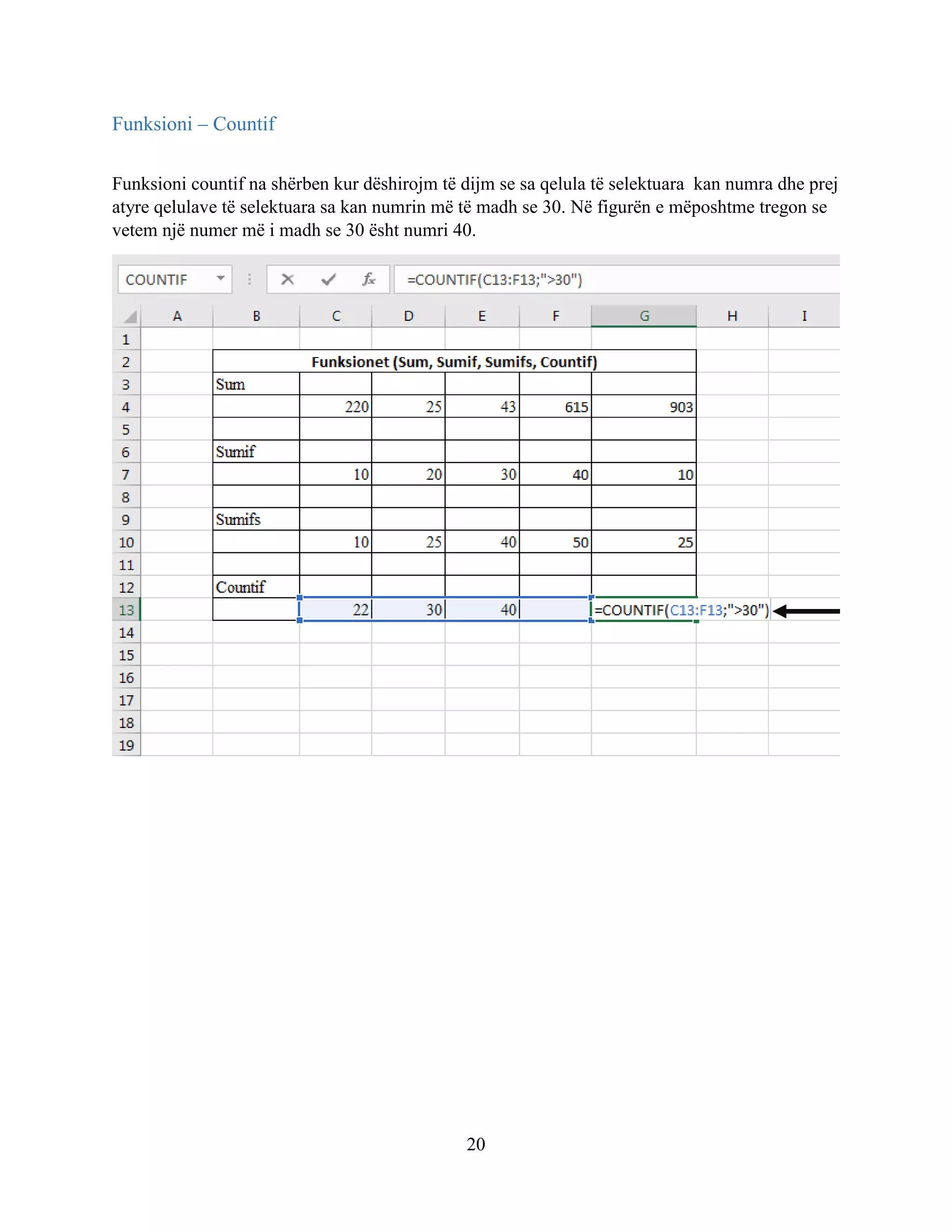 20
Funksioni – Countif
Funksioni countif na shërben kur dëshirojm të dijm se sa qelula të selektuara kan numra dhe prej
atyre qelulave të selektuara sa kan numrin më të madh se 30. Në figurën e mëposhtme tregon se
vetem një numer më i madh se 30 ësht numri 40.
 